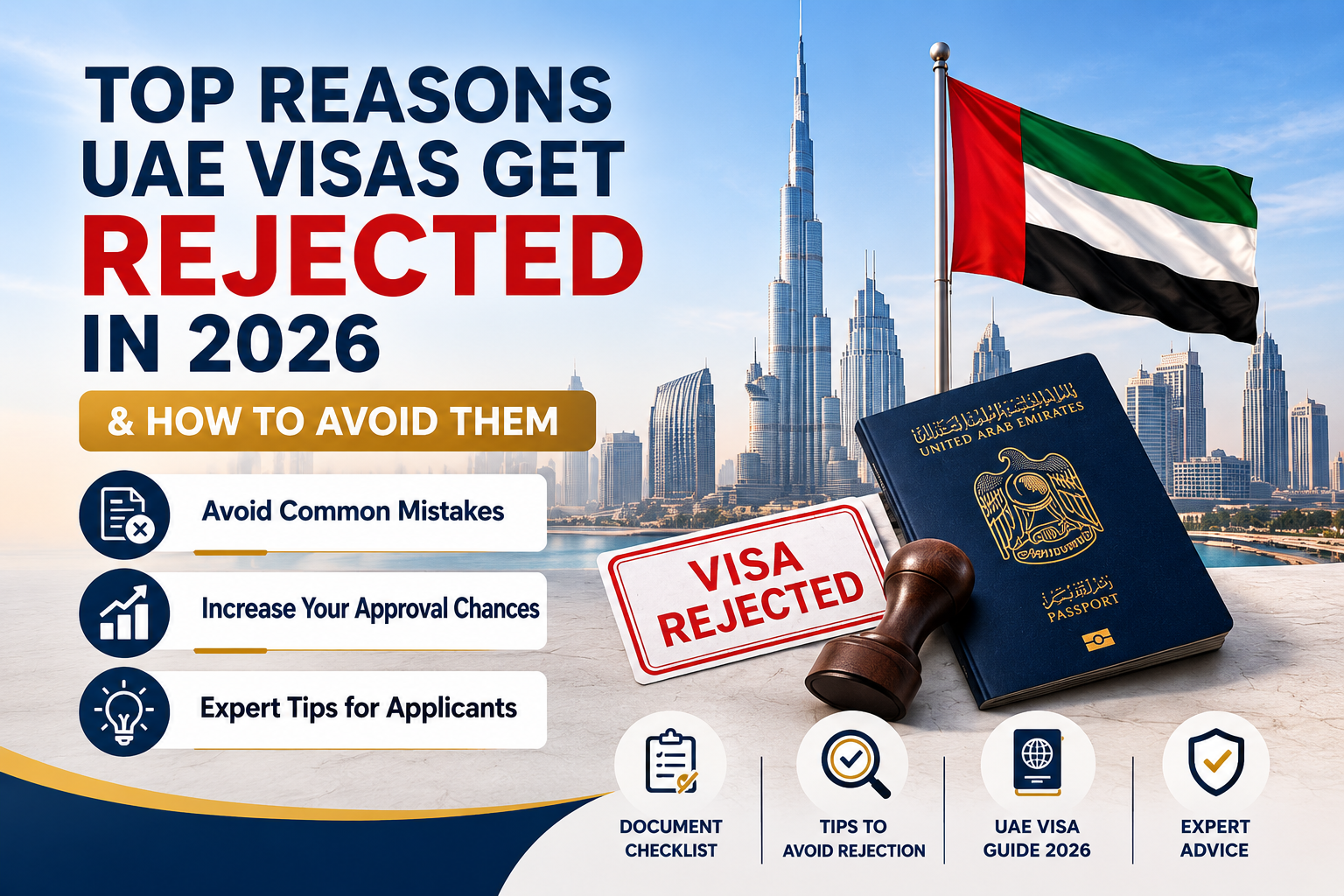 UAE visa rejection concept for 2026 with UAE passport, rejected visa stamp, Dubai skyline, and text about common UAE visa rejection reasons and how to avoid them.