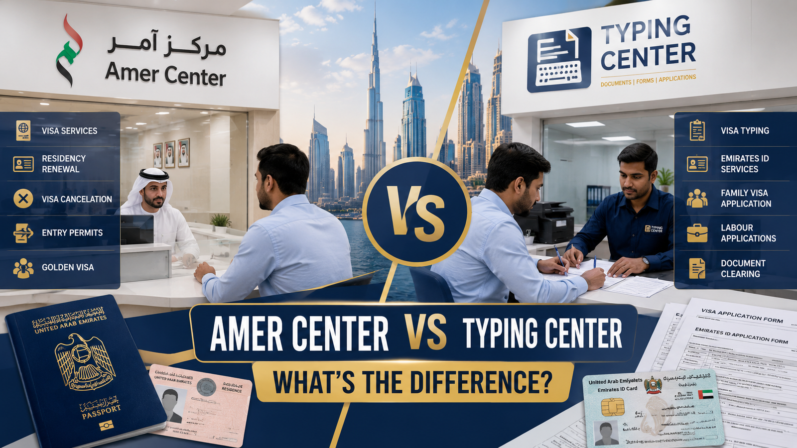Amer Center vs Typing Center in Dubai comparison showing visa services, Emirates ID support, government paperwork, and document processing assistance.