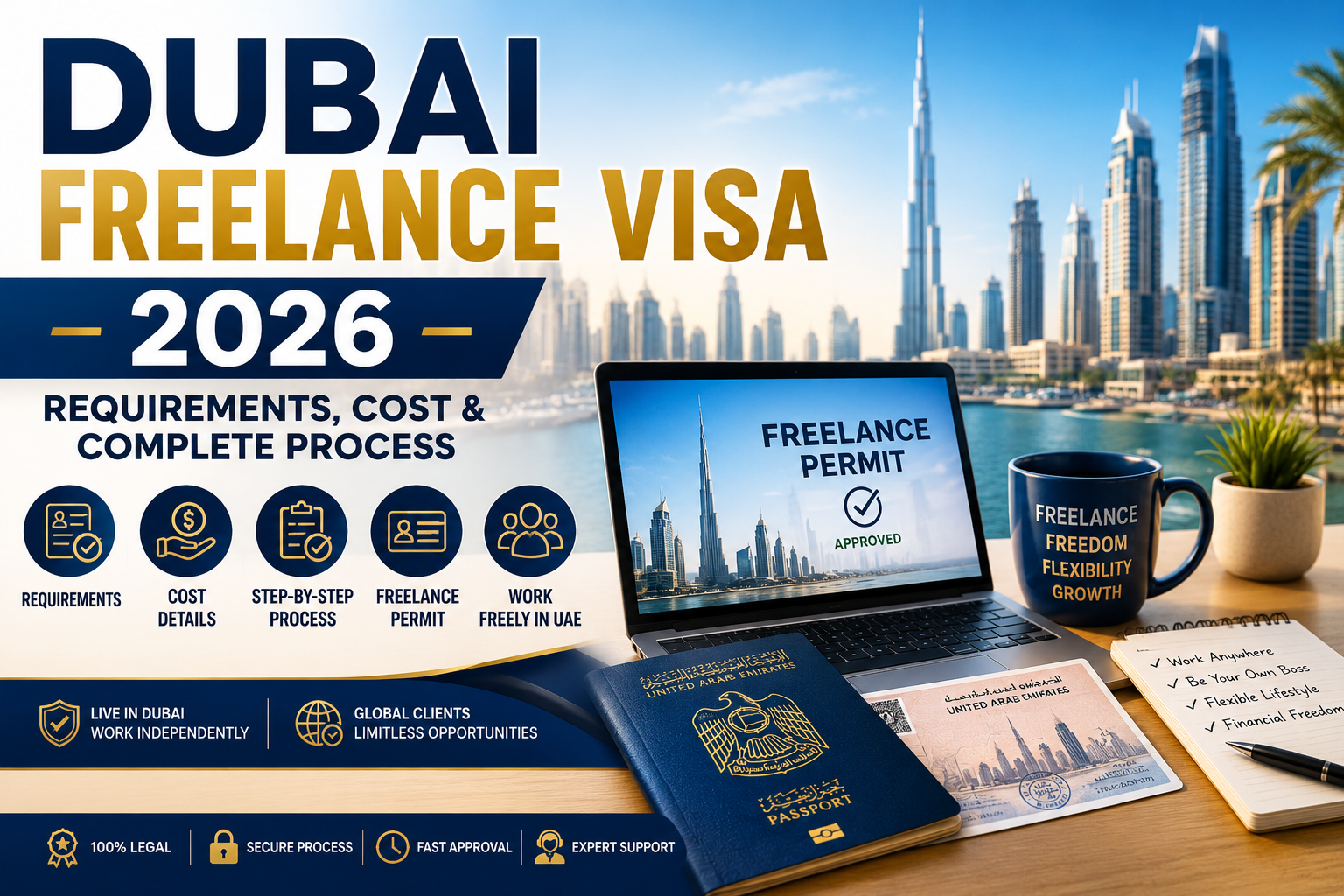 Dubai Freelance Visa 2026 featured image showing a freelancer workspace with laptop, UAE passport, freelance permit approval, and Dubai skyline, highlighting visa requirements, costs, and application process.
