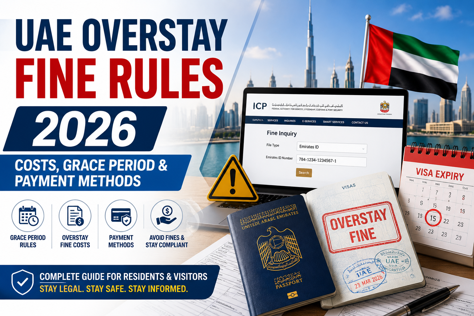 UAE Overstay Fine Rules 2026 featuring a UAE passport, visa documents, ICP fine inquiry portal, Dubai skyline, and overstay fine information.